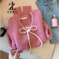 ZHELIHANGFEI Áo len dệt kim cổ chữ v màu hồng dành cho nữ Áo len tay phồng Cardigan