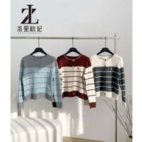 ZHELIHANGFEI Áo len thêu sợi đuôi ngựa sọc dáng rộng Hàn Quốc