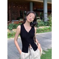 ZHELIHANGFEI Áo vest nữ Hàn Quốc màu trắng cổ chữ V dệt kim mỏng thiết kế mỏng vừa vặn áo không tay
