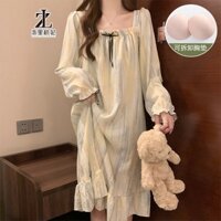 ZHELIHANGFEI Đầm Ngủ cotton Nhăn Tay Dài Có Đệm Ngực Tháo Rời Được Phong Cách Công Chúa Phong Cách Mùa Thu Mới