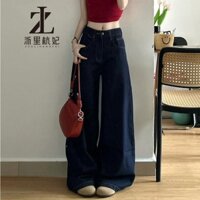 ZHELIHANGFEI Quần jean nữ Mỹ retro xanh đậm quần jean ống rộng dáng rộng giảm béo quần thẳng xếp nếp sàn quần dài