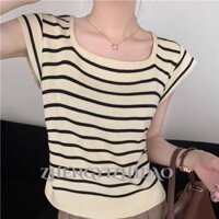 Zhengyizhidao Áo thun nữ sọc dệt kim ngắn tay không tay thường ngày