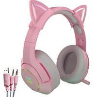 ZHON Cat Ear Headphones W/Mic, Pink Gaming Headset with Mic for PC, Mobile Phone, Over Ear Headphones with LED Glowing Light for Women