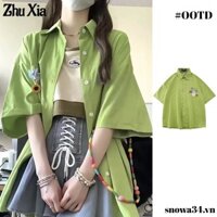 Zhu Xia Quần Nữ Mỹ retro Áo Sơ Mi Bơ Xanh Cổ POLO Tay Ngắn Mùa Hè Rời Đa Năng Sinh Viên Cặp Đôi Áo