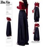 Zhu Xia Quần Nữ Mỹ retro Xanh Đậm Quần Jean Ống Rộng Rộng Rộng Rời thon gọn Quần Lau Quần