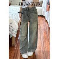 Zhuangyun Retro Xanh Dương Rộng Quần Jean Nữ Mùa Xuân 2024 Phong Cách Mới Rời Cao Cấp Phù Hợp Với Tất Cả Trận Đấu Thường Ngày Thẳng Tầng-Mopping Quần WLK2440GTI 10Z250307