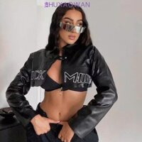 Zhuxaowan Crop Áo Khoác Nữ, Y2k Windbreak Áo Khoác Da, Thời Trang Dài Tay In Chữ Dây Kéo Lên Áo Khoác Xe Máy Đảng