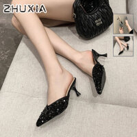 Zhuxia Ngọc Trai Cao Gót Lấp Lánh Thanh Lịch Có Mũi Nhọn - Đế Cao Su, Bạc & Đen