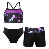Zhyt-3 Cái Bộ đồ bơi Tankini in hình bé gái Áo Crop Top không tay đính Sequin có quần short và quần lót cho bãi biển Bể bơi tắm ngày lễ