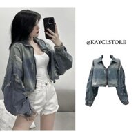 [ZIPPER DENIM JACKET] Áo khoác jean nữ croptop tay bồng cánh dơi dáng lửng khoá kéo năng động streetstyle | KAYCI.STU