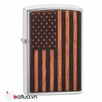 Zippo khắc Laser hình cờ Mỹ trên miếng ốp gỗ - Zippo Woodchuck American Flag Brushed Chrome