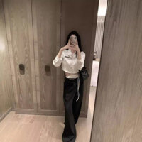 ZKIC MIU*M 24Early Autumn New Niche Short Acetate Tie Shirt+Double-Layer Waist Drawstring Embroidered Letter Suit Pants