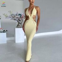 Zlinkj Váy Nữ Dây Cổ Ôm Đầm Không Tay Phối Ren Backless Cutout Bustier Dệt Kim Đầm Bọc Đầm Mùa Hè Đi Biển Đầm Mới