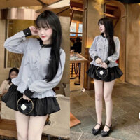 ZP45- Sét váy áo somi kẻ sọc tay dài đính nơ babydoll, chân váy ngắn dáng xòe ( HP- fressize 38-57kg)