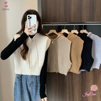 Ztoyl Hàn Quốc Nữ Màu Trơn Không Tay Dây Kéo Áo Len Có Mũ Thời Trang Crop Top Mới