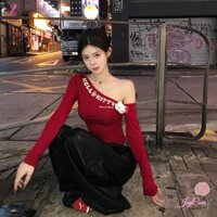 Ztoyl Hoạt Hình Thời Trang Mèo In Chữ Ngoài Vai Dài Tay Áo Thun Nữ Crop Top Mới