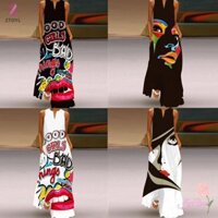 Ztoyl Mới Nữ Không Tay Cổ Chữ V In Hình Vintage Váy Dài Thời Trang Có Túi Đầm Nữ Gợi Cảm Mới