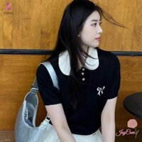 Ztoyl Preppy Phong Cách Dệt Kim Ngắn Tay Nữ Mùa Hè Nơ Thêu Màu Tương Phản Áo Thun Peter Pan Cổ Áo Mới