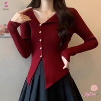 Ztoyl Thu Đông Hàn Quốc Anchora Đỏ Không Đều Cổ Chữ V Dài Tay Áo Len Mỏng Cardigan Dành Cho Nữ Mới