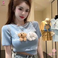 Ztoyl Tính Khí Mùa Hè Hot Girl Slim-fit Thời Trang Cổ Tròn Tay Ngắn 3D Gấu Dệt Kim Áo Thun Mới