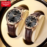 ZUNPAI  Đồng hồ đôi Dây da Đồng hồ nữ chống thấm nước dành cho nam Đồng hồ vàng thời trang có hộp (Hộp quà tặng miễn phí)