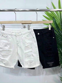 [ZXCVHS] Quần short jean nam cao cấp short trắng đen vải dày dặn in chữ phối rách kiểu thời trang đ