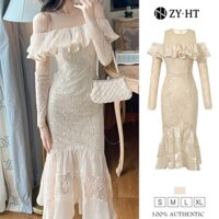 Zy.ht EraVogue Váy Nữ Kem Váy Ren Váy spa Vai Váy Đuôi Cá Váy Cưới Váy Gợi Cảm Váy Pháp 20612