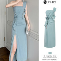 Zyht EraVogue Váy Nữ Váy Xanh Váy Satin Một Vai Mở Váy Đầm Công Sở Hiso Đầm Vintage Đầm Dự Tiệc Đầm Dạ Hội 15119