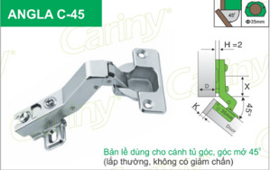 Bản lề cho cánh tủ Cariny Angla C 45, góc mở 45 độ