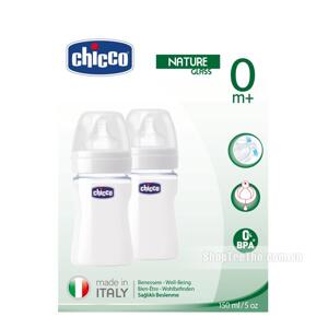 Bộ 2 bình thủy tinh tự nhiên núm silicone Chicco 150ml