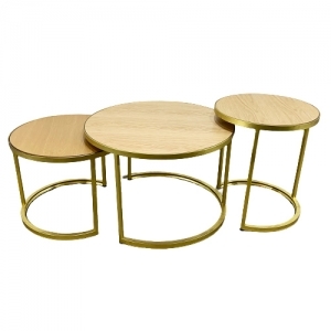 Bộ 3 bàn Sofa mặt bàn màu gỗ khung sắt màu đồng TT68080