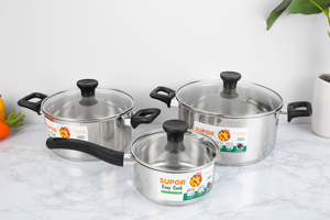 Bộ 3 nồi quánh inox 3 đáy nắp kiếng Easycook Supor H20211-T1