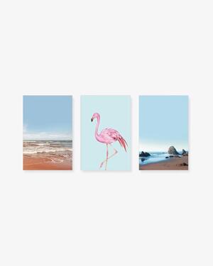 Bộ 3 tranh Beach Landscape Flamingo Pink