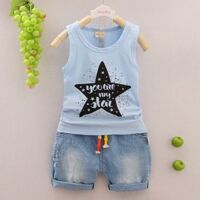 Bộ bé trai áo thun in ngôi sao quần jean lửng DB229