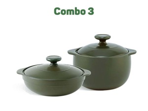 Combo Sinh Nhật Nồi sứ dưỡng sinh 3 – Luna 1.0 L + Vesta 2.0 L + nắp – HealthyCook – Xanh rêu