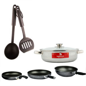 Bộ 3 chảo chống dính + nồi lẩu + 2 vá nhựa Happy Cook