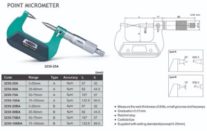 Panme do điểm cơ khí Insize 3230-25A (0-25mm/0.01mm)