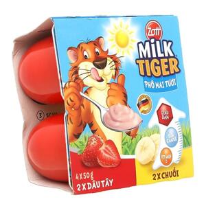 Phô mai tươi Zott Milk Tiger Dâu - Chuối 4 x 50g