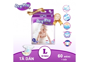 Tã/bỉm dán Dry-Pro siêu mềm nhập khẩu Malaysia size L60 (9kg - 13kg) - Gói 60 miếng