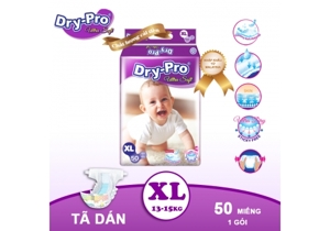 Tã/bỉm dán Dry-Pro siêu mềm nhập khẩu Malaysia size XL50 (13kg - 15kg) - Gói 50 miếng