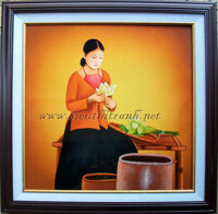 Tranh sơn mài-thiếu nữ thưởng sen SM067