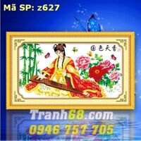 Tranh thêu thiếu nữ bên đàn tranh - DLH-YZ627