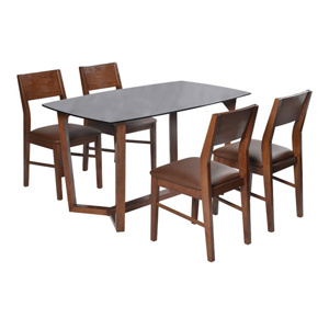Bàn ăn chân gỗ mặt kính có 4 ghế ngồi HGB69B + 4HGG69