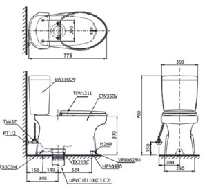 Bàn cầu hai khối Eco Washer TCW1211A CS350DE4