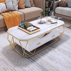 Bàn sofa mặt đá có hộc tủ khung màu vàng đồng TT68102