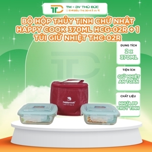 Bộ 2 hộp thủy tinh hình chữ nhật 370ml kèm túi giữ nhiệt Happy Cook Glass HCG-02R