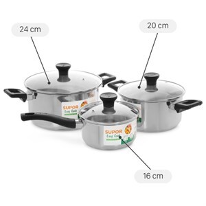 Bộ 3 nồi quánh inox 3 đáy nắp kiếng Easycook Supor H20211-T1