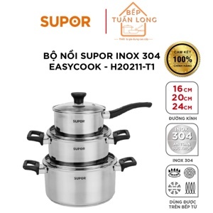 Bộ 3 nồi quánh inox 3 đáy nắp kiếng Easycook Supor H20211-T1