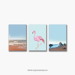 Bộ 3 tranh Beach Landscape Flamingo Pink