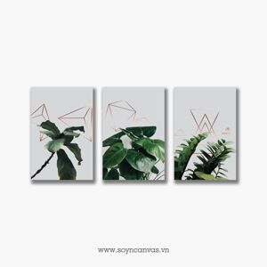 Bộ 3 tranh Green Leaves Gold Geometric